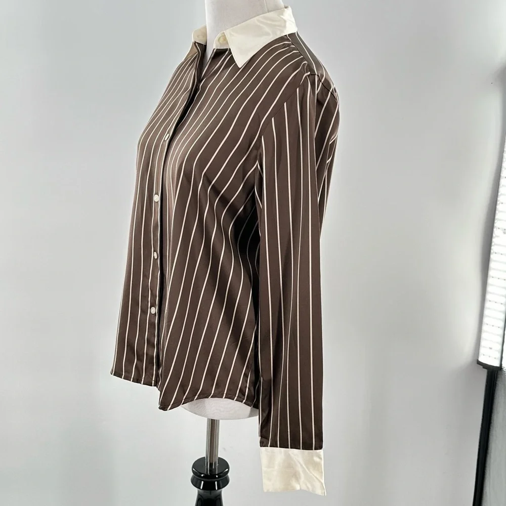 Lauren Ralph Lauren button down top 4P 100% silk brown cream stripes career
